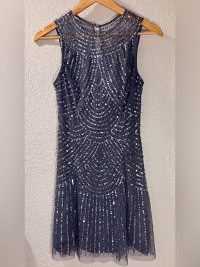 Sequin Cocktail Dress Gray Sleeveless Gatsby Party Mini Dress XS